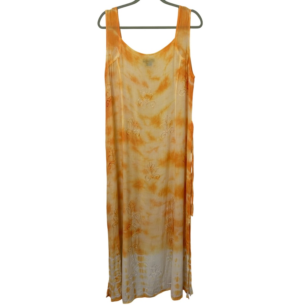 Lotus Womens Orange Yellow Tie Dye Embroidered Rayon Maxi Dress Medium India